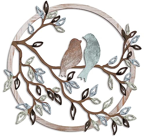 Ferraycle Metal Wall Art Bird on Tree Branch Silhouette Bird Hanging Ornament Porch Wall Decor for Living Room Outdoor Garden Bedroom Office Housewarming Party Decoration(Fresh Color)