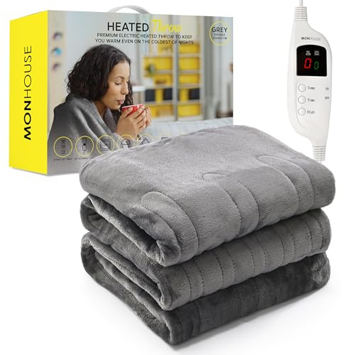 MONHOUSE Coperta Riscaldata - Coperta Elettrica - Controller Digitale - Timer Fino A 9 Ore, 9 Impostazioni di Calore, Spegnimento Automatico - Matrimoniale 150x200cm - Grigio