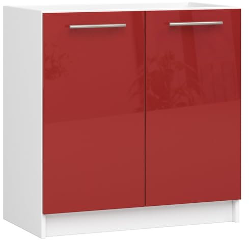 AKORD | Küchenschrank unter der Spüle - Oliwia S80 | Küchenunterschrank mit 2 Türen und 1 Einlegeböden | Unterschrank Küche 80 cm Breit | 46 x 80 x 82 cm | Weiß | Rot Glanz