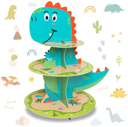 3-Tier Cardboard Cupcake Stand - Dinosaur Theme Cupcake Holder for Boys Kids - Jungle Party Birthday Supplies