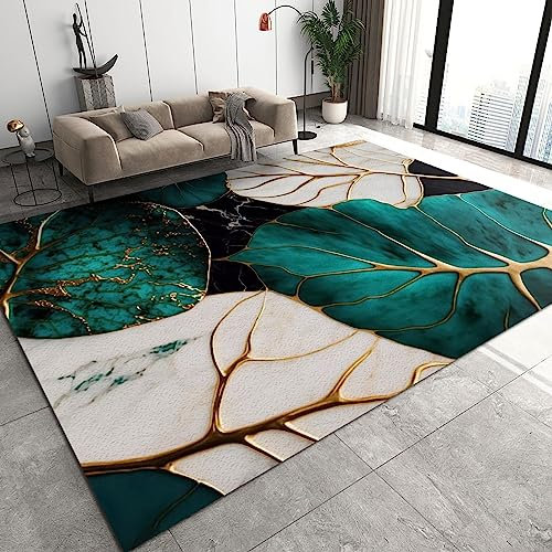 YEMYOR Tapis Texture Feuille De Lotus Blanc Et Vert émeraude, Tapis à Poils Courts élégant Et élégant, Antidérapant, Adapté Au Salon, Entrée, Chambre à Coucher, Chambre d'enfant-60x100cm