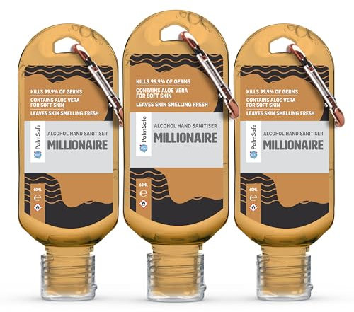 Palm Safe Millionaire 3 Pack 60ml Anti Bacterial Premium Hand Sanitiser Travel Size Refillable Clip Bottle Quick Drying Non Sticky Extra Moisturising Kills 99.9% of Viruses and Bacteria