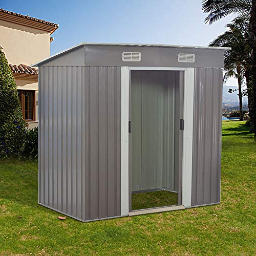Panana 6 x 4ft Metal Sheds Tool Storage House Metal Garden Apex Roof Storage Box House Doors open on 6FT side (GSGD05GY0106X4)
