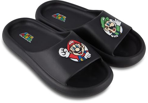 Nintendo Mario Slide-Sandalen für Herren – Super Mario Schuhe – Mario, Luigi, Kirby und Donkey Kong Slide-Sandalen, Schwarz, 12-13