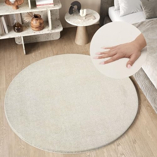 TAPISO Cuddle Teppich Rund Hochflor Creme Langflor Shaggy Einfarbig rutschfest Weich Waschbar Wohnzimmer Schlafzimmer Kinderzimmer ÖKOTEX 120 x 120 cm