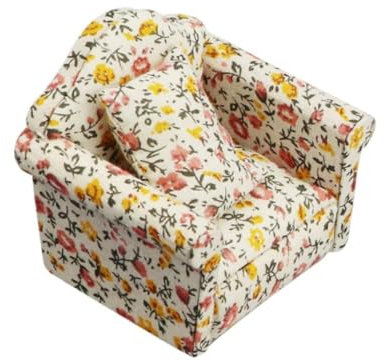 LATRAT Puppenhaus Sofa, 1:12 Puppenhaus Miniatur Möbel Modell Tuch Blumenmuster Couch Sessel Sofa Mit Kissen, Zubehör Blumenmuster Mini Möbel Sofa Set mit Rückenkissen (Gelbe Blumen)