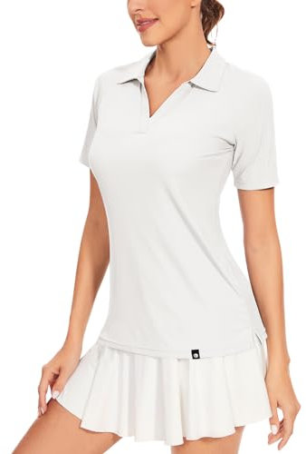 Soneven Damen Poloshirt V Ausschnitt Kurzarm Polohemd Sport Tshirts Gerippt Atmungsaktiv Schnelltrocknend Funktionsshirt für Golf Tennis[Weiß,
