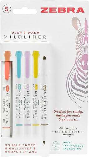 Zebra Pen Dual Tip MILDLINER Warm Highlighters & Colouring Pens 5pk - Double Sided Felt Tip Pens with 4mm Broad Chisel Tip and 1mm Fine Bullet Tip - Assorted Highlighter Colours - 5 Pack