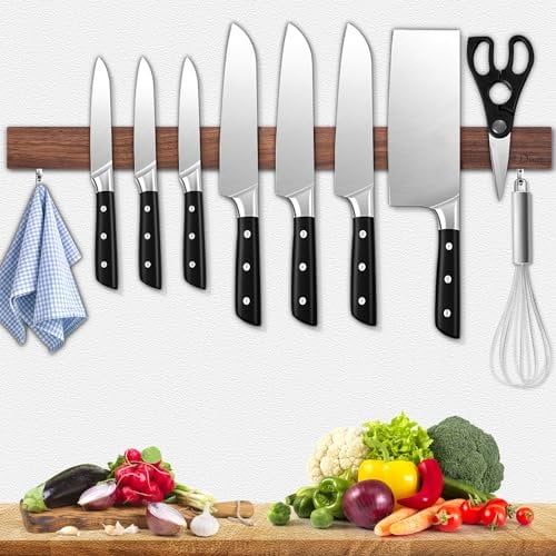 Dmore 59 cm Magnetic Knife Strip Walnut with 2 Hooks, Long Knife Holder Magnetic, Extremely Self-Adhesive Magnetic Knife Holder Wood for a Tidy Kitchen