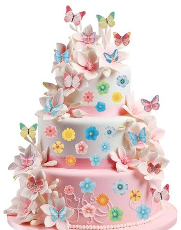 Edible Butterfly Cake Toppers, 75Pcs Personalised Flower Cake Decorations for Women Girls, Wafer Paper Sticky Rice Paper Cake Topper for Birthday Party Anniversary Wedding (Butterfly & Flower)