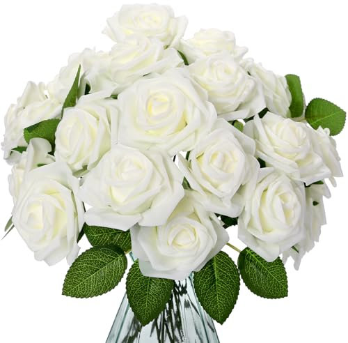 Kesote 25Pcs White Artificial Roses Fake Flowers Foam Artificial Roses with Stem for Wedding Party Birthday Party Home Garden Decoration DIY Craft
