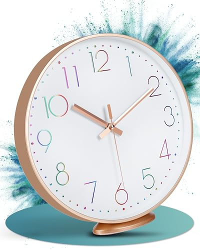LATENO - Wanduhr Bunt - Zum Aufstellen oder Aufhängen - 30 cm - Klassisch und Modern - Ohne Tickgeräusche - Für Wohnzimmer und Kinderzimmer