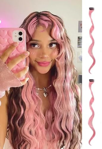 2 x Clip-In Hair Extension Highlights Streaks, Colourful Hair Highlights (Curly Pink x 2)