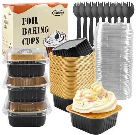 Tikxlafe 50 Stück Backförmchen Aluminiumfolie Förmchen, Einweg Ramekins mit Deckel, Muffinförmchen Cupcake Formen Alufolie Backformen Cupcake Schüssel für Soufflé, Dessert, Kuchen