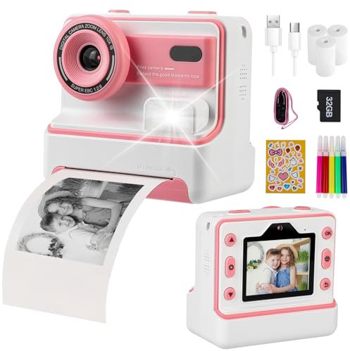 HOMELYLIFE Kids Camera Instant Print, Digital Camera for Kids with 32GB SD Card and No Ink Print Paper, 1080P HD Video Camera with Color Pens for DIY, Toy Gift for 3-14 Years Old Girls Boys