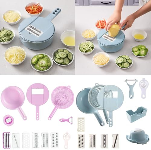 Multifunktionaler Gemüseschneider, centahah/e gemüseschneider, 12 In 1 Vegetable Cutter With Container, Multifunctional Vegetable Cutter, Vegetable Slicer Adjustable Stainless Steel (Rosa+Blau)