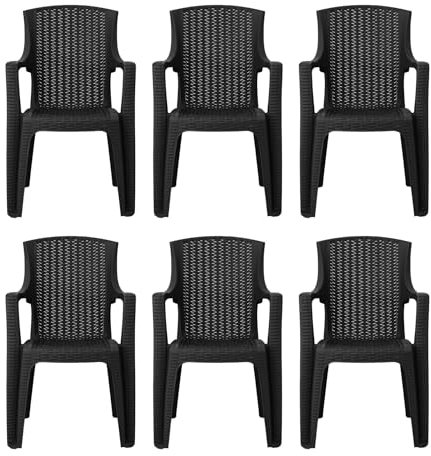 simpa Stackable High Back Plastic Rattan Effect Garden Chairs - Graphite Set of 6