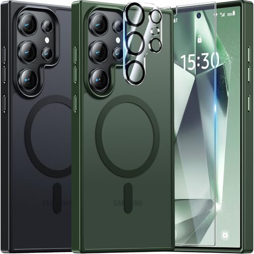 UniqueMe für Samsung Galaxy S24 Ultra Hülle, 5-in-1-Set Handyhülle für Samsung Galaxy S24 Ultra Case Rundumschutz Schutzhülle Cover,1 Handyhülle & 2 Schutzfolie & 2 Kameraschutz - Matt Grün