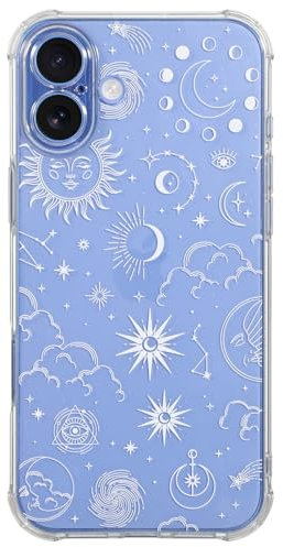 CHEORFAY iPhone 16 Plus Case, Clear Transparent Flexible Soft Silicone TPU Bumper Buffer Shockproof Protective Cover with Fantasy Astrology Pattern Design for iPhone 16 Plus - Moon Star