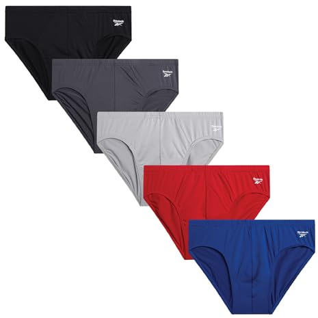 Reebok Mens Low Rise Briefs - 5 Pack Athletic Performance Mens Underwear Briefs with Contour Support Pouch for Gym Daily Wear, Black/Dark Grey/Tomato Red/Metallic Grey/Cobalt Blue, S