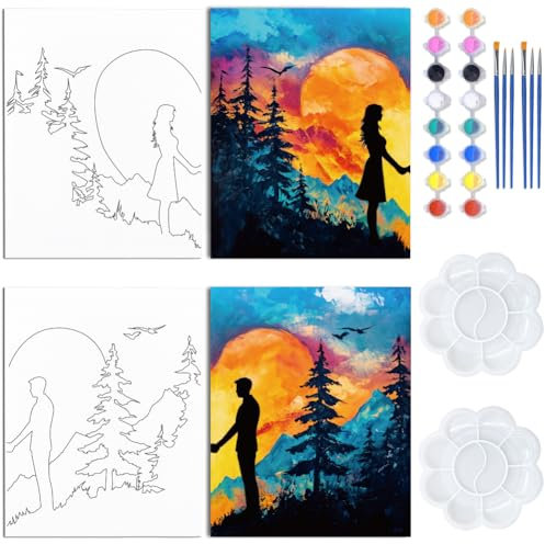 WEBEEDY 2 Pack Couples Pre Drawn Canvas Paint and Sip Painting Kit,8x10‘’ Paint Art Set with Outline Canvas for Adults Couples Games Date Night Anniversary Unique Gift Paint Party Supplies,20x25cm