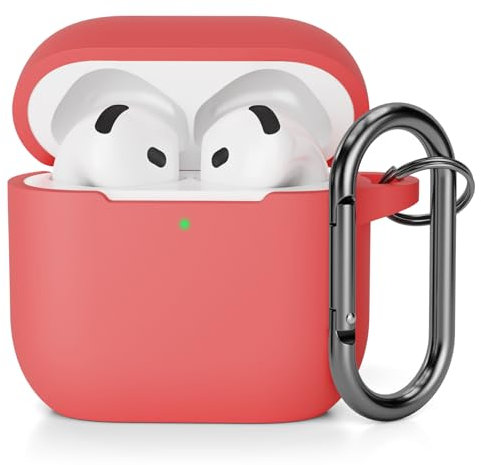 AOTUAO Kompatibel mit AirPods 4 Hülle Case, Weiches Silikon Stoßfeste Schutzhülle für AirPods 4. Generation (2024) (USB-C) Case Cover mit Karabiner, Front-LED Sichtbar, Pink Peach