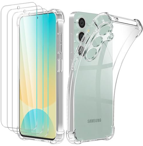 Giolus 4-in-1 Case for Samsung Galaxy S24 FE with 3 Pack Screen Protector, Crystal Clear Shockproof Phone Case with Built-in Camera Lens Protector, Soft TPU Bumper Anti-Scratch Silicone Cover