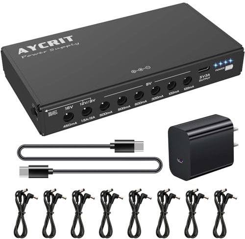 AYCRIT Gitarrenpedal-Netzteil, wiederaufladbar, 12800 mAh, 9 Ausgänge, 9 V2 A/12 V, 1,5 A/18 V, 450 mA und 5 V2 A Typ-C-Anschluss für iPhone iPad (MUSTAN-02)