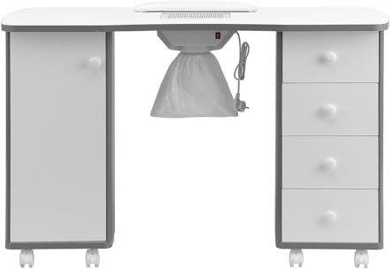 DARDVORLAG Maniküre Tisch Inklusive weißem Staubsauger, Schublade sind einzelne weiße Keramikgriffe mit weißen dünnen Handkissen mit 4 Schubladen auf der rechten Seite (Beige, 47.5cmX76.5cmX120cm)