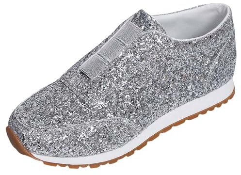 Schuhe Silber, Schuhe Silber, Glitzer Schuhe Damen Silber Pailletten Sneaker Elegant und Bequem Turnschuhe Outdoor Sportschuhe Italienische Strass Slip On Laufschuhe Karneval Festliche Glänzende Schuh