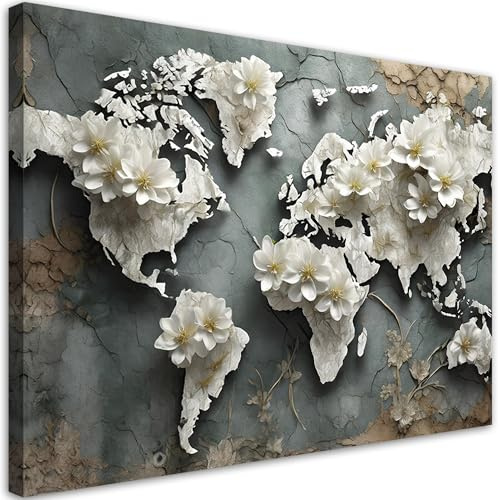 Feeby Leinwand Bilder - Bild Wohnzimmer - 3D Weltkarte Blumen Retro Weiß - 60x40 cm 1tlg - Deko Schlafzimmer Groß - Dekoration Canvas - Gemälde - Modern Wandbilder - Kunstdruck