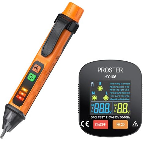 Proster Spannungsprüfer Set Elektrischer Steckdosentester mit LCD-Display, RCD-Prüfung, Ton Lichtalarm, Leckstromanzeige und 6 Fehlerdiagnosen, 12-1000V AC, CAT II 300V, für Haus und Büro