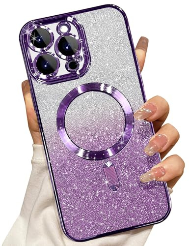 Misscase Magnetisch Hülle Kompatibel für iPhone 14 Pro, Glitzer Verlauf Handyhülle Kompatibel mit MagSafe, Stoßfest Anti-Kratzen mit Kamera Objektivschutz Niedliche TPU Schutzhülle-Lila