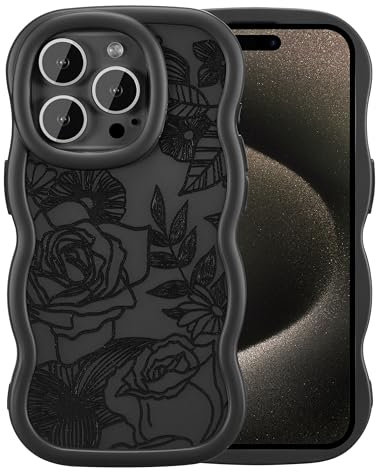 XIZYO Case for iPhone 15 Pro Max, Cute Rose Flower Floral Pattern Curly Wavy Frame Matte Aesthetic Phone Case, Wave Design for Girls Women Slim Shockproof Bumper Protective Cover, Black
