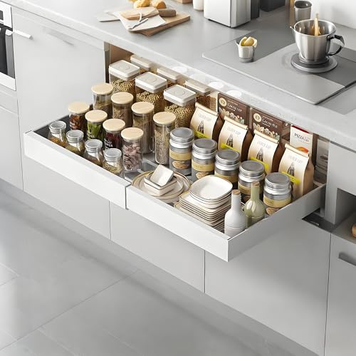 BUCOMTU Teleskopschublade, Ausziehbare Schublade KüChe,Einziehbar mit Schiene chublade,Kein Bohren KüChenschublade, Einstellbare Breite 32–52 cm B x 42 cm T x 7.5 cm H,Auszug Schublade (Beige Weiß)