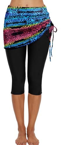Ecupper Badehose Damen Lang Schwimmhose Capri Badeleggings Mit Rock Schwimm Regenbogen L