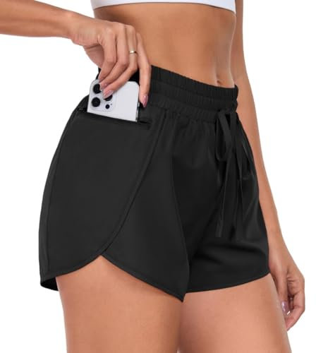 PrinStory Sporthose Damen Kurz Laufshorts 2 In 1 Hohe Taille Sport Shorts Seitenschlitz Kurz Laufhose Mit Handytasche (A Schwarz, M)