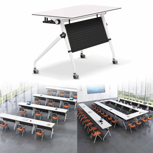 Faltbarer Konferenztisch mit Klappdeckel, weiß, Seminar-Tisch, Meeting-Schreibtisch, großer mobiler Bürotisch mit leisen Feststellrädern, ideal für Meetings, Klassenzimmer und Führungsräume