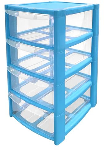Mini 4 Drawer Plastic Storage Tower - Compact Desktop Organiser with Clear Drawers for Makeup, Toiletries, Stationery - Lightweight & Durable Storage Tower - Pink, Blue or Black, 40x26x19cm (Blue)