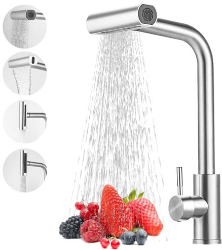 Vuxava Robinet Cuisine avec Douchette – Mitigeur de Cuisine Inox Rotatif 360° avec 4 Modes de Pulvérisation, Robinet de Cuisine avec Douchette Extractible pour Évier