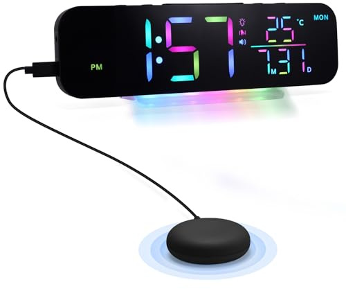 OUZHOU Alarm Clocks for Heavy Sleepers, Vibrating Alarm Clocks with Bed Shaker, Digital Clock with 8 Colours RGB Display Brightness Dimmer and Dual Alarm, Loud Alarm Clock for Hearing Impaired Deaf