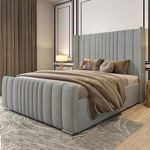 DBZ BEDS Ottoman Winged Bed Set 6FT Super King with 2000 Series Medium Firmness Mattress – Grey Plush Velvet Bed Frame with Gas Lift Storage – 48” Headboard & Chrome Legs – Handmade in the UK