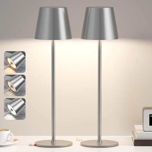 PreeOtti Tischlampe Kabellos, LED Tischleuchte Akku Dimmbare 2er Set mit 3 Farbtemperatur, Stufenlos Dimmbar, Touch Lampe mit USB-C Aufladbar für Outdoor Nachttisch Esstisch Camping(Grau)
