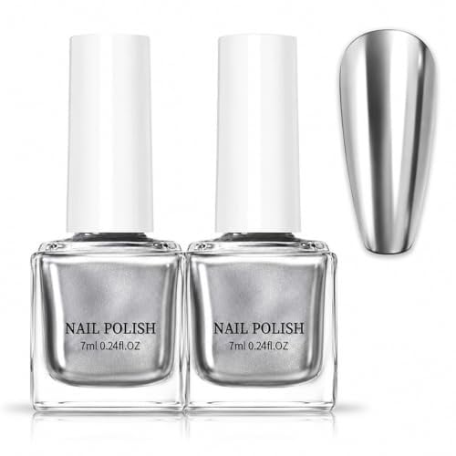 Esmalte De Uñas Metálico Sliver, Efecto Espejo Uñas, Plateado Esmalte De Uñas De Larga Duración, Secado Rápido, Sin Necesidad De UV, Semipermanentes, DIY Nail Art, Ideal Para Casa Y Boda, 7ml