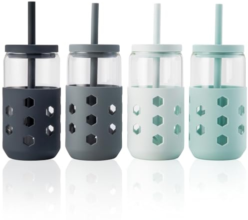 Mrsdry Glass Cups with Silicone Lids and Straws (4 Pcs), 475ml Drinking Glasses Set with Silicone Sleeves for Coffee Bar Accessories Iced Coffee Cups with Lids, Glass Tumbler Reusable for Gifts