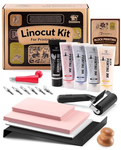 Bobblebro Linoleum Blocks for Printmaking, Stamp Making Carving Linocut Kit for Kids DIY Gift, Rubber Stamp Carving Screen Printing Kit with 4 Colors Block Printing Ink, Rubber Block, Linocut Tools