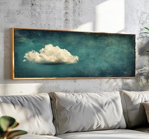Vintage Wolken-Wandkunst, Panorama-Leinwandbilder im minimalistischen Stil, horizontaler Wolkendruck, große Wolkenkunst, Dekoration über dem Bett, 50 x 150 cm, mit Rahmen