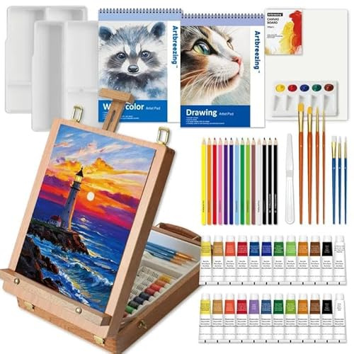 Artbreezing Ensemble d'art Mixte avec Chevalet, Coffret Complet Peinture | Kit Peinture 55 pièces Tout-en-un, Chevalet de Table, Matériel Varié, Cadeau Idéal Adultes et Enfants