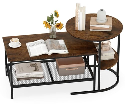 COSTWAY 2er Set Couchtisch, Beistelltisch Marmor Optik mit Metallrahmen & Ablage, Kaffeetisch Wohnzimmertisch Sofatisch für Wohnzimmer, Schlafzimmer (Rustikales Braun)