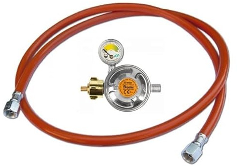 BirnePower Gasdruckregler 200cm + Druckminderer 50mbar mit Manometer – Propan/Butan Druckminderer Set für Gasgrill, Heizstrahler, Gaskocher – Inkl. Sicherheitsventil, 1/4 Linksgewinde